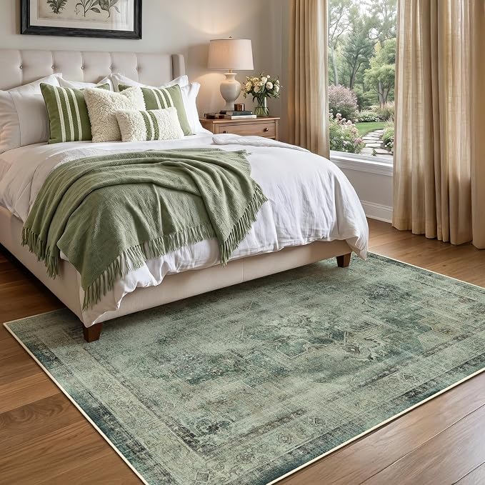 Muted Green Living Room Rug 6x9, Washable Non Slip Rug for Dining Room, Low Pile Thin Vintage Distressed Medallion Carpet Rugs for Bedrom Home Office Den, Collocated with Organic Modern Decor