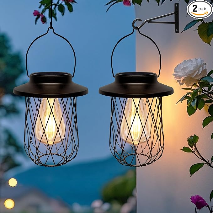 Livinlarge Solar Lanterns Outdoor Waterproof,2 Pack Solar Lantern for Outside Hanging Patio Porch Garden Yard Decor,High Brightness LED Solar Powered Lighting,Gardening Lovers Mom Gifts