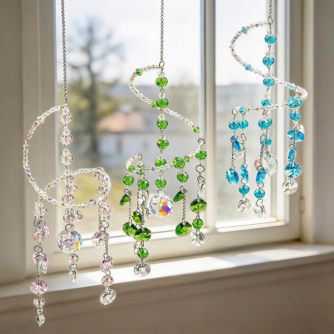3 Pcs Crystal Suncatchers Wind Chimes, Spiral Sun Catchers Indoor Window | Crystal Wind Chimes Boho Healing Hanging Crystals for Home Garden Wedding Decoration(Pink,Green,Blue)