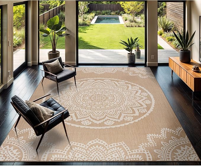 CAMILSON Outdoor Rug 9x12 Modern Area Rugs for Large Indoor and Outdoor Patios and Porches - Waterproof Washable Non-Shedding Easy-to-Clean Outside Carpet (9 x 12, Medallion - Beige/White)