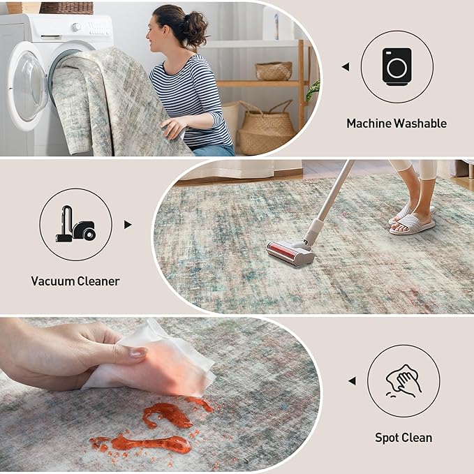 4x6 Area Rugs for Living Room: Washable Abstract Multi Color Badroom Carpet | Non-slip TPE backing makes this washable soft low-pile rug safe & durable, Pet-friendly decor for dining room,nursery,office