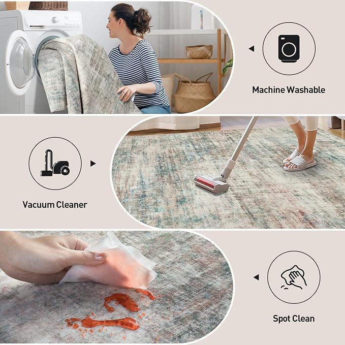 9x12 Area Rugs for Living Room: Washable Abstract Multi Color Carpet | Non-slip TPE backing makes this washable soft low-pile rug safe & durable, Pet-friendly decor for dining room,nursery,office