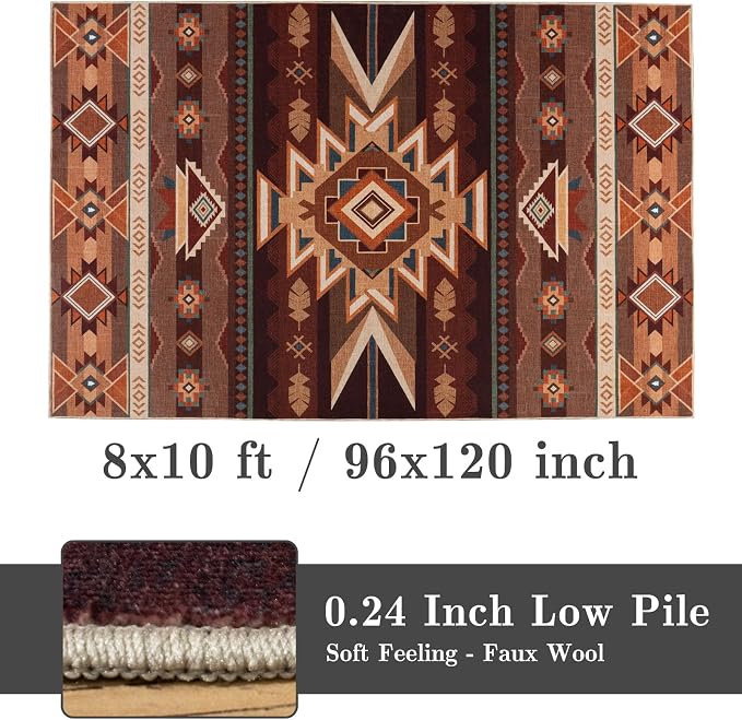 8x10 Western Rustic Aztec Area Rug for Living Room Bedroom Dining Room | 8x10 Southwestern Tribal Red Brown Low Pile Faux Wool Rug, Machine Washable Non-Slip Carpet for Living Room Dining Bedroom