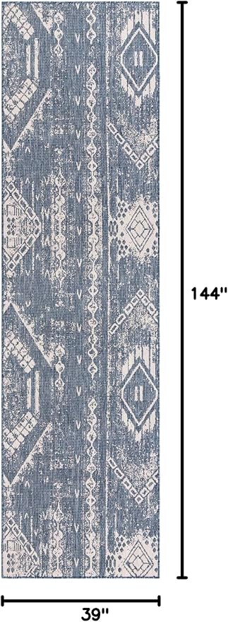 Unique Loom Outdoor Bohemian Collection Area Rug - Anthro (3' 3" x 12' Runner, Blue/ Ivory)