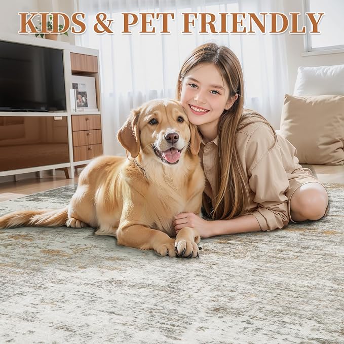 Beige Abstract 4x6 Washable Rug, Modern Non Slip Rugs for LIving Room | Tangsoo Contemporary Indoor Carpet, Neutral Soft Low Pile Floor 4x6 Area Rug for Dining Room Bedroom Dorm Bedside Home Decor