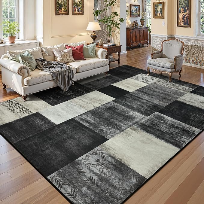 Washable Area Rugs 4x6 for Living Room, Modern Geometric Black White Soft Patchwork Carpet, Non-Slip Stain Resistant Throw Rug for Bedroom Dining Room Office Home Decor