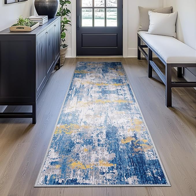 RELEANY Washable Runner 2'x6' Abstract Area Rug for Hallway Blue Gold | Carpet for Kitchen, Entryway, Bathroom, Living Room, Bedroom, Printed Pattern, Non‑Slip, Soft, Stain‑Resistant, Easy to Clean