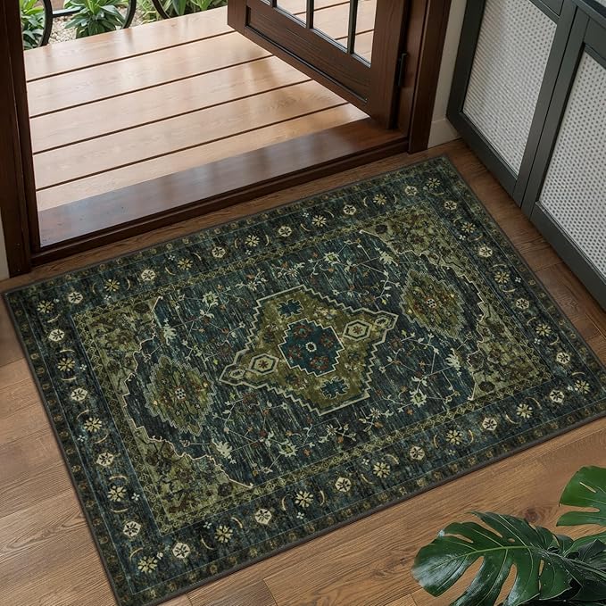 Tangsoo Oriental Small Washable Rugs for Entryway, Non Slip 2x3 Rug Green | Vinatge Olive Green Small Area Rug, Boho Print Front Door Mat Indoor Entrance Low Pile Throw Rugs for Entry Kitchen Bedroom