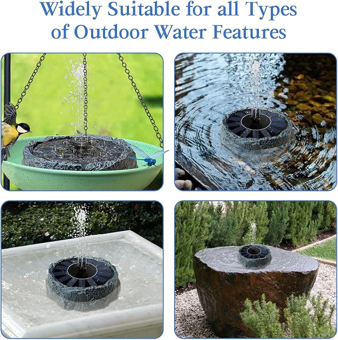 Solar Powered Bird Bath Fountain with Rock Texture, High-Strength Plastic Outdoor Birdbath, 6 Spray Patterns Solar Fountain Pump, Decorative Water Feature for Garden Decor 7.8" DarkGreen