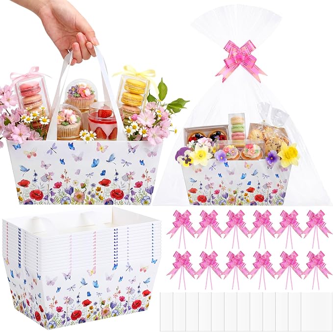 Qinyoung 12 Pack Spring Baskets for Gifts Empty Wildflower Gift Basket with Handles, Pull Bows, Cellophane Bags and Twist Ties for Easter Butterfly Dragonfly Wildflower Party Favor Supplies, 9.8x6.5''