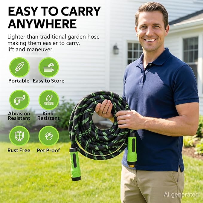 NON-EXPANDABLE Garden Hose 75 FT, Heavy Duty Steel Metal Flexible Water Hose with 10-Function Spray Nozzle, Durable Fabric Skin, No Kinks & Leak-Proof with Upgraded Handle