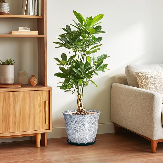 Ceramic Planter - 10 Inch Plant Pot for Indoor Outdoor, Round Planter with Drainage Hole and Plant Tray, Large Decorative Planters, Modern Flower Pot, Home Room Decor, Gardening Gift, Green