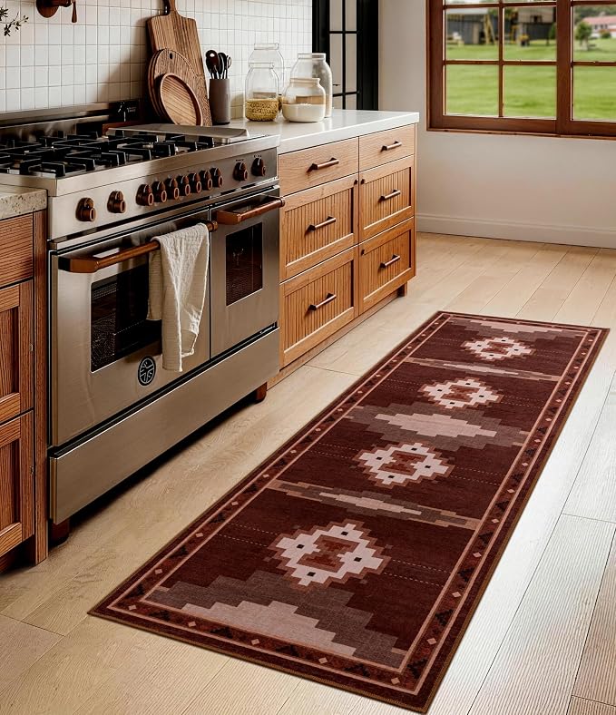 2‘x6' Washable Western Red Aztec Runner Rug for Hallway | Non-Slip, Low Pile, Stain Resistant, Southwestern Rustic Retro Long Rug for Kitchen Entryway Bedroom, Red/Brown