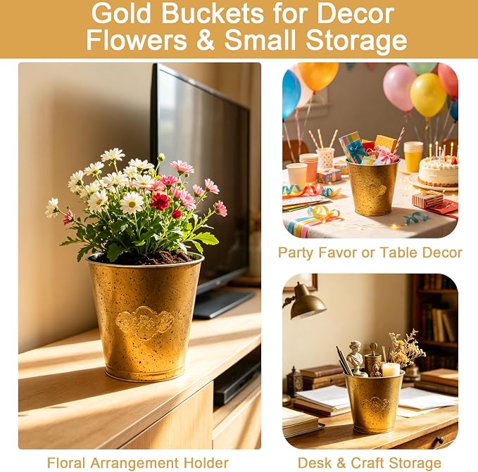 3 Pack Gold Metal Buckets, 6.5" x 6.6" Galvanized Decorative Pails for Floral Arrangements, Plant Pot Covers, Party Favors, Wedding Table Decor and Small Storage