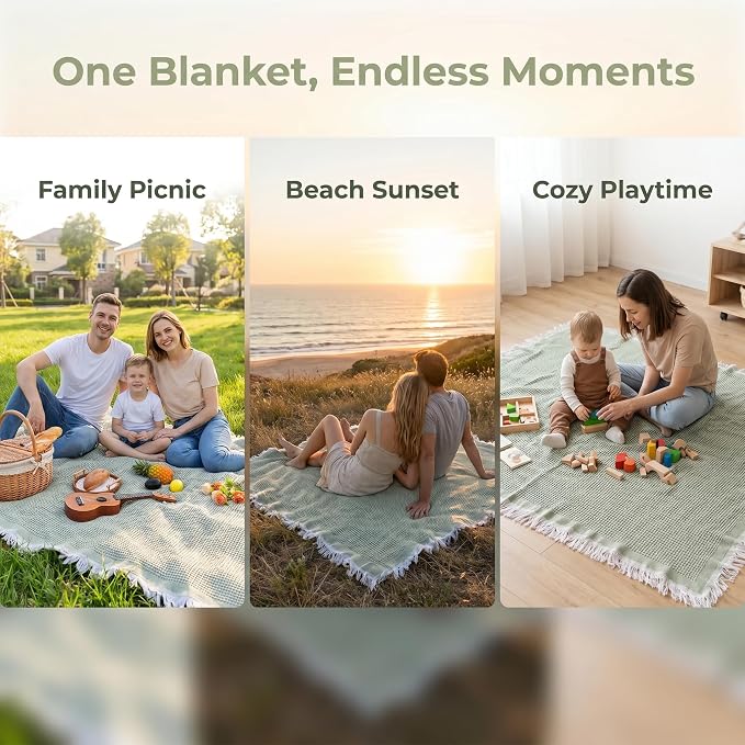 70"x 70" Picnic Blanket Extra Large,Layer Outdoor Blanket for 5 to 7 Adults,Camping Grass Lawn Park Accessories Cute Couple Gifts Ideas Wedding Registry for Park, Beach (Green)