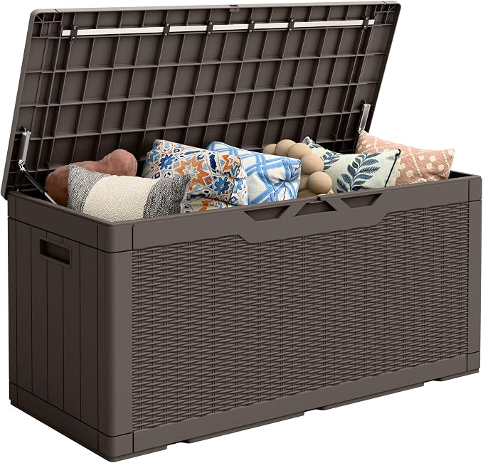 Flamaker Outdoor Storage Box 100 Gallon Waterproof Resin Deck Box Delivery with Air Rod Indoor Outdoor Lockable Storage Bench for Patio Cushions, Tools, Pool Accessories (Deep Brown)