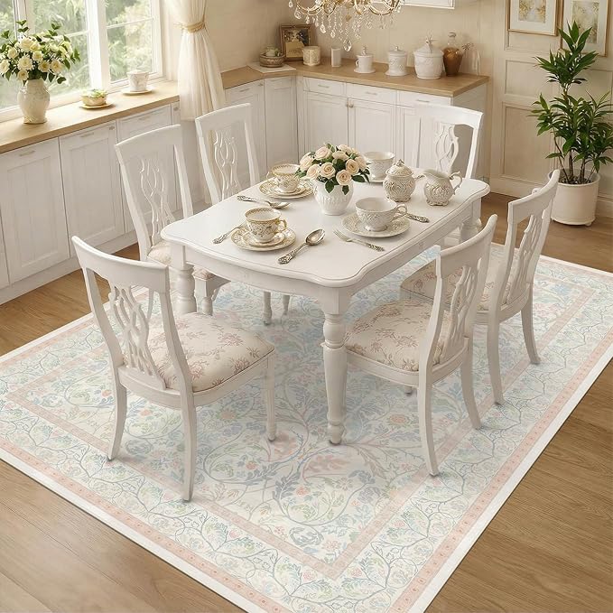 Washable Blue and Pink Rug 5x7 - Baby Girls Nursery Rug Non Slip, Soft Pastel Kids Playroom Decor Carpet, Light Blue and Green Oushak Floral Bedroom Living Room Dorm Carpet (Green and Pink)