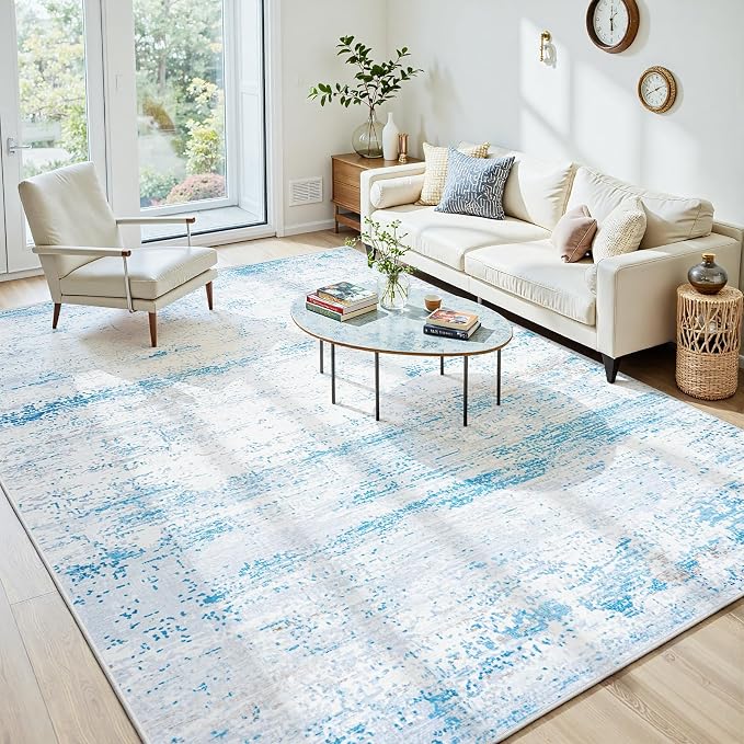 5x7 Washable Area Rug for Living Room Bedroom: Non-Slip Modern Light Blue | Machine Washable TPR Backing, Stain-Resistant Low Pile, Pet & Kid Friendly, Abstract Decor for Dining Room, Dorm, Home Office