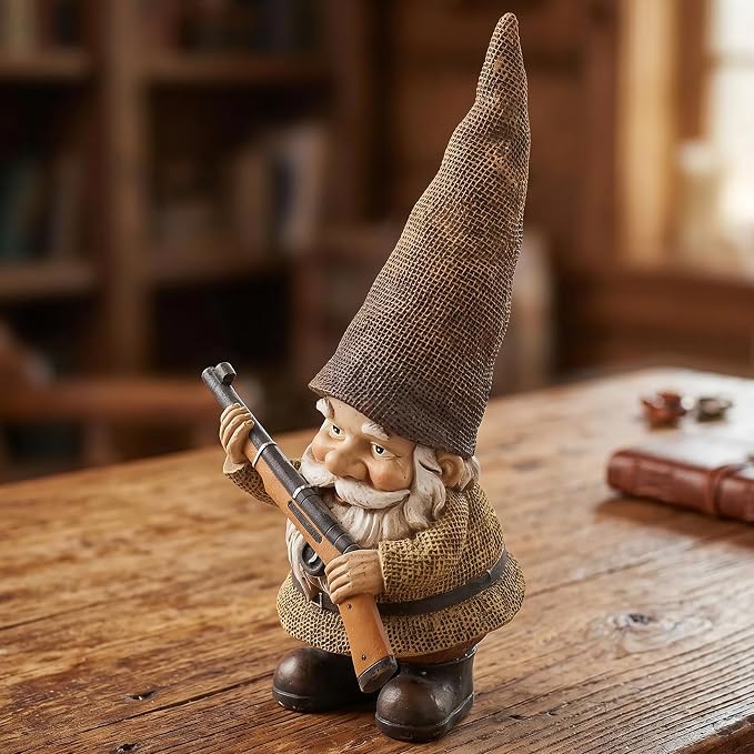 Elenon Garden Gnome Outdoor Statue, 10.6'' High Funny Dwarf with Gun Figurine Decor, Resin Sculpture for Patio Yard Lawn Porch Decoration Ornaments Gift