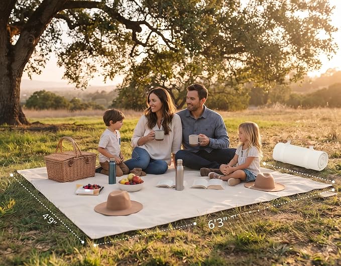 White Picnic Blanket & Beach Mat – Canvas, Machine Washable, Large 4’9” × 6’3”
