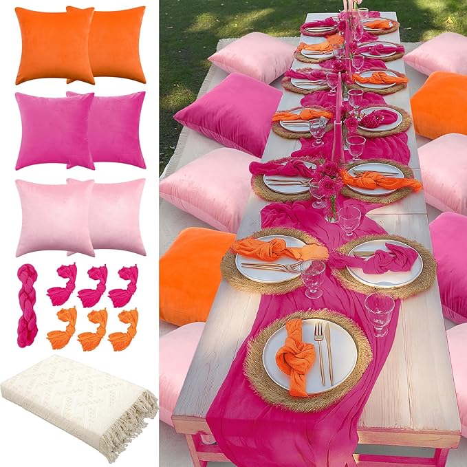 Beeveer 14 Pack Picnic Kit 91x71 Inch Extra Large Outdoor Boho Picnic Blanket with Tequila Table Runner, 6 Throw Pillow Covers 6 Napkin Woven Cotton Yarn Washable Beach Blanket for Camp Wedding