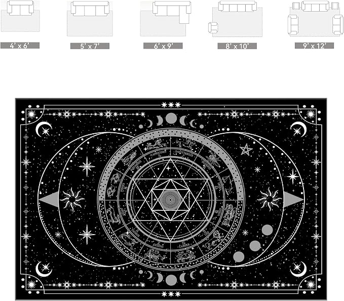 Nayoroom Black Celestial Witchcraft Area Rug, Machine Washable, 8 x 10 ft | Moon phases and tarot motifs; Gothic style; Soft surface; Machine washable; Non-slip backing; Bedroom or altar space