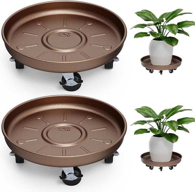 Plant Saucer 16" Rolling Plant Caddy Rolling Plant Stand with Wheels – Heavy Duty Metal, Locking, Sturdy, Rust-Resistant Finish, and Easy to Move, 420 lb Capacity, 2 Pack