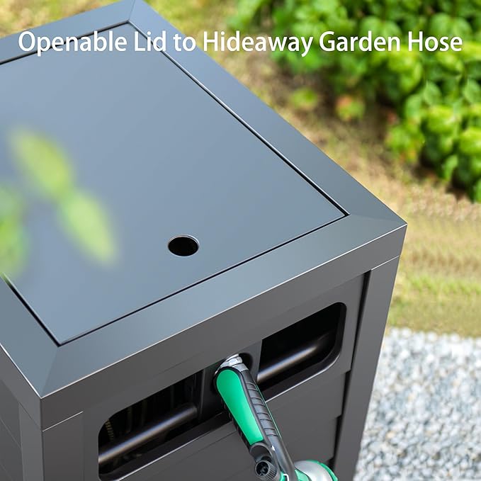 AQUAZILLA Metal Garden Hose Reel Deck box, Durable Steel Garden Hose Storage Box Cabinet, 150ft 5/8" Garden Hose Capacity. - Hose guide Manual Rewind, No-leak aluminum water connections