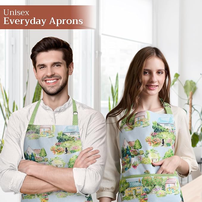 Maison d' Hermine Aprons for women with Pocket 100% Cotton (27.50"x31.50") | Adjustable Neck Strap & long ties Apron Men Chef Wedding Cooking Gardening Server Maid