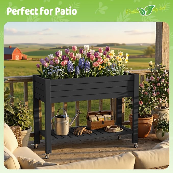 Vixzen Raised Garden Bed Outdoor,Reinforced Large Planter Box with Wheels & Storage Shelf,Mobile Planter Bed Box for Backyard, Patio, Balcony (Black, 21Gal（43.31"×17.72"×33.66"）)