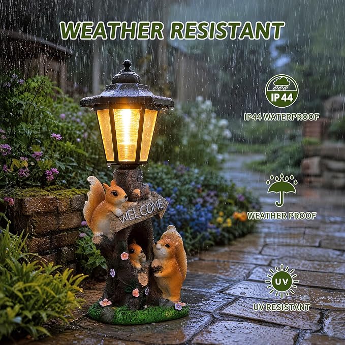 Solar Squirrel Garden Statue, Outdoor Decor with LED Lantern for Patio Lawn Pathway Landscape Decoration Gifts for Mother's Day Birthday Housewarming