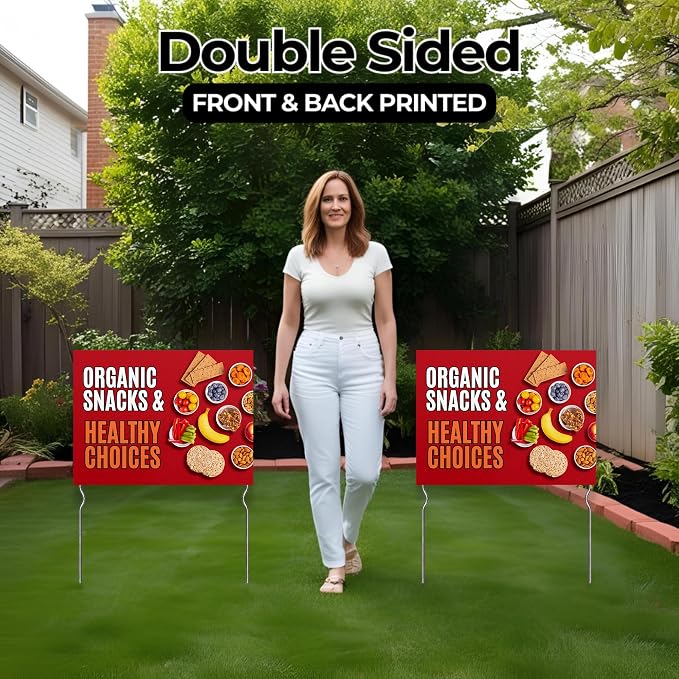 Organic Snacks & Healthy Choices! Yard Sign by DC | 24"x18" Double Sided Conv. Store Garden Sign with 13” Metal Stakes | Outdoor Signs Waterproof for Lawn, Patio, Sidewalk & House | Set of 2