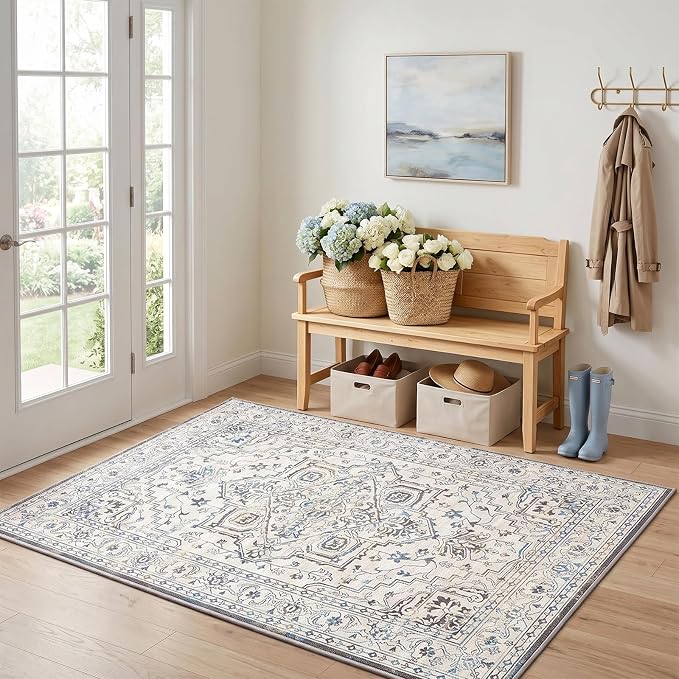 Vintage Washable Area Rug 4x6, Non-Slip Low-Pile Elegant Persian Carpet for Office Kitchen Bedroom Entryway, Stain Resistant Traditional Indoor Small Rug, Neutral Cream Blue