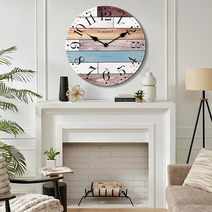 CLXEAST 24 Inch Multicolor Woodgrain Shiplap Wall Clocks for Living Room Decor, Large Farmhouse Wall Clock,Coastal Beach Nautical Style
