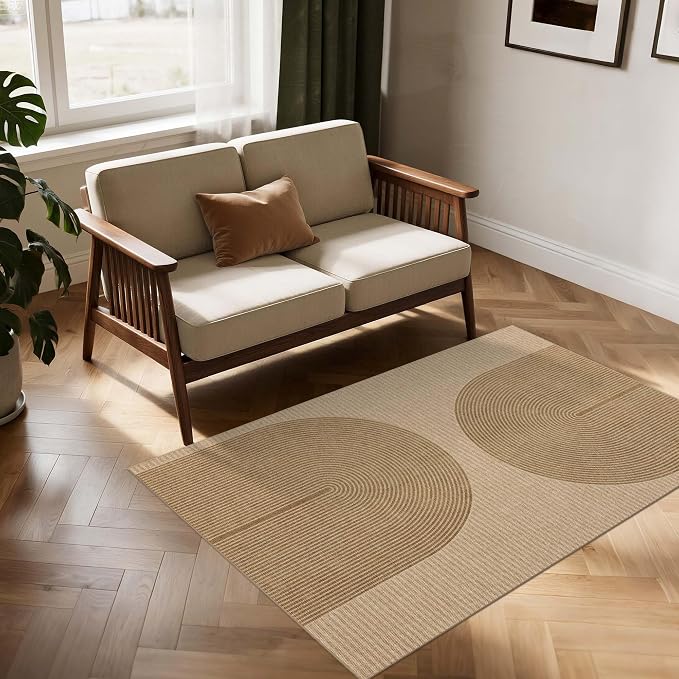 Easy Jute Rug 3x5 Outdoor: Natural Area Rugs for Patio Linen-Look Fabric Durable - Neutral Washable Carpet Mat for Entryway Bedroom Kitchen Non-Slip - Geometric Arch Pattern