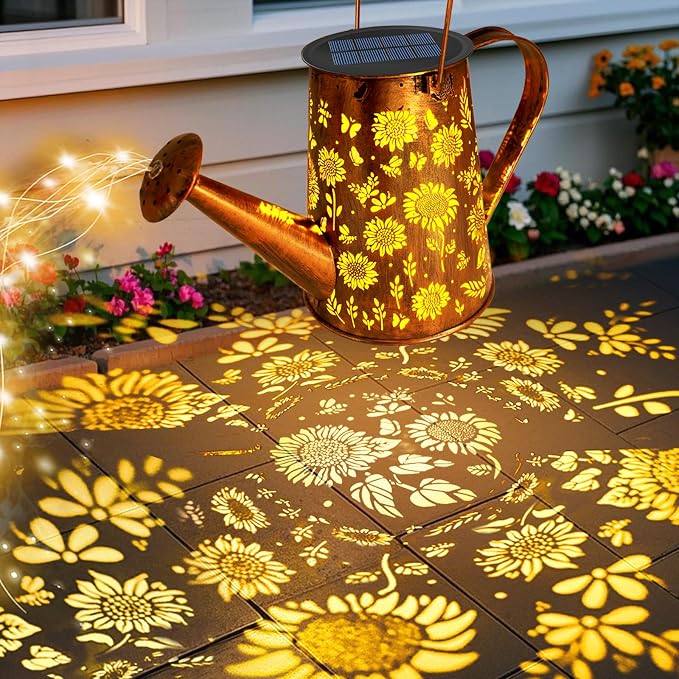 VOOKRY Solar Lights Outdoor Decoration, Large Retro Hanging Metal Solar Watering Can Lights Waterproof Sunflower Garden Decor Outside for Yard Lawn Patio Porch, Birthday Gifts for Women Mom Grandma