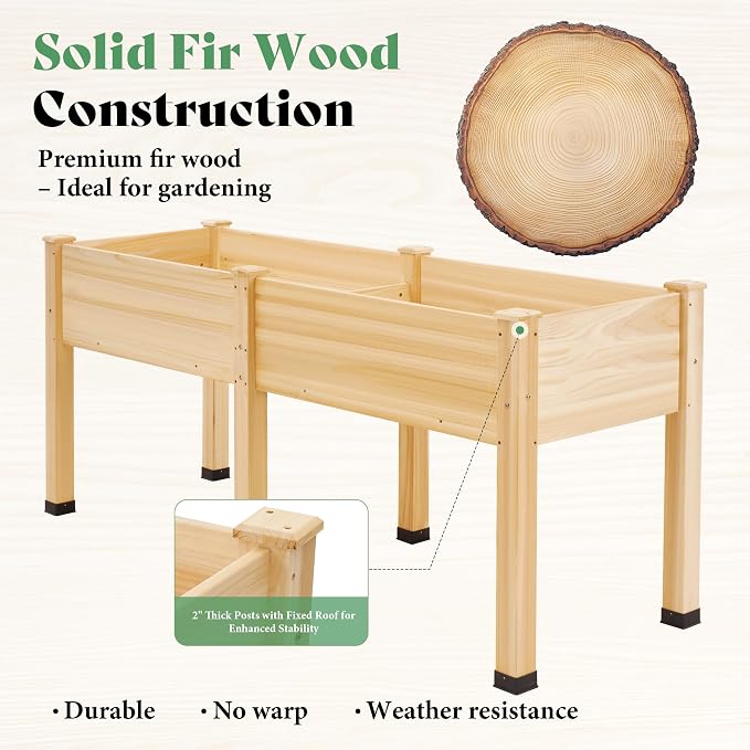 AMERLIFE Raised Garden Bed, 72x24x30 Inches Elevated Wood Planter Box with Bed Liner, Legs, Divider, Drainage Holes, Stand for Backyard, Patio, 350 Lb Capacity - Light Wood