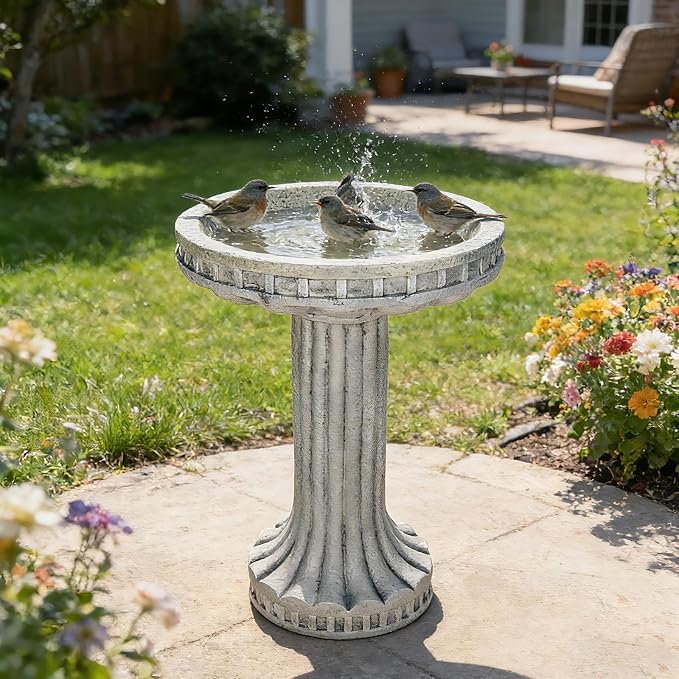 SKYFIRE 24" H Outdoor Bird Bath for Garden- Fibre Reinforced Concrete Large Bird Bath Outdoor Decor with Modern Pedestal for Garden, Patio, Yard, Lawn - 16”Dia. X 24”H Contemporary Birdbaths&Supports