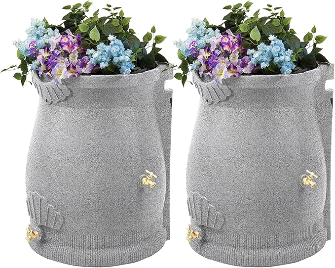 Good Ideas Rain Wizard 50 Gallon Rain Saver Barrel Water Storage Urn with Planter Space and 2 Brass Spigots, Light Granite (2 Pack)