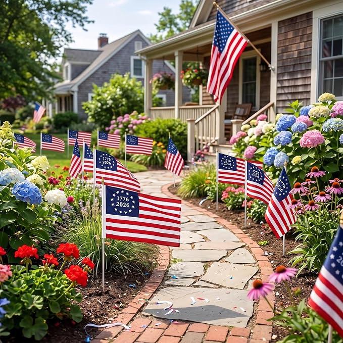 TOPFLAGS 250 Anniversary USA Flag 1776 2026 Small Betsy Ross Flags 12x18 on Stick 6 Pack Mini 13 Star Bennington US Flags Metal Handheld Pole for Outside 4th of July Memorial Day USA 250th Year Patriotic Decorations