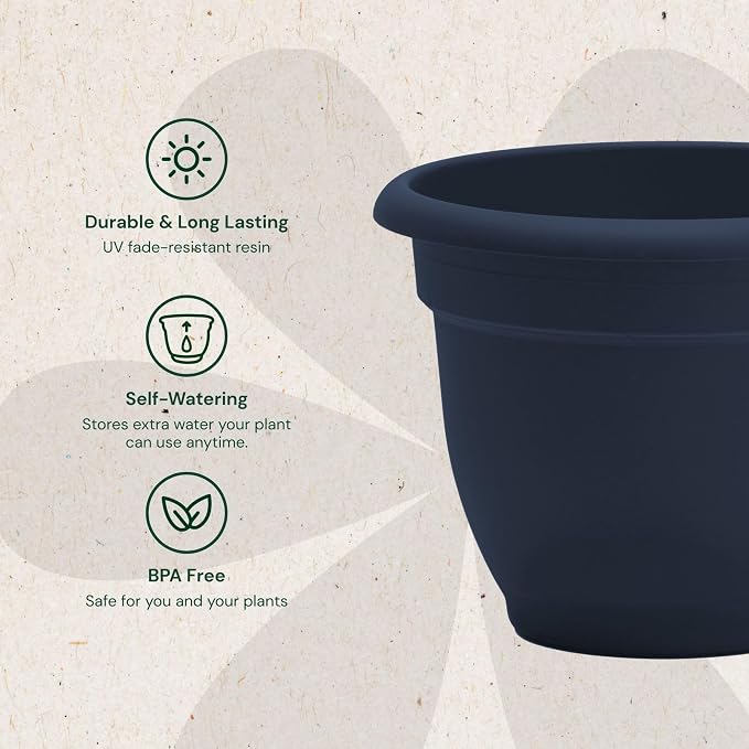 Bloem Ariana 8" Navy Round Self Watering Planter Pot - Rolled Rim Plastic Resin Indoor or Outdoor Gardening Planter with Drainage Holes, Made in USA