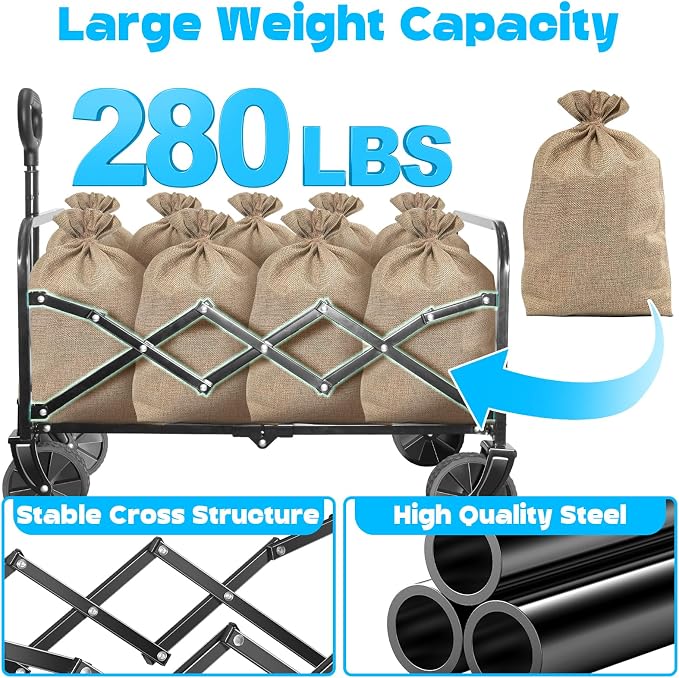 Wagons Carts Foldable,280lbs Collapsible Wagon Foldable Wagon with Wheels, Portable Folding Cart for Camping, Picnic,Beach, Groceries,Outdoor Sports,Shopping (Black)