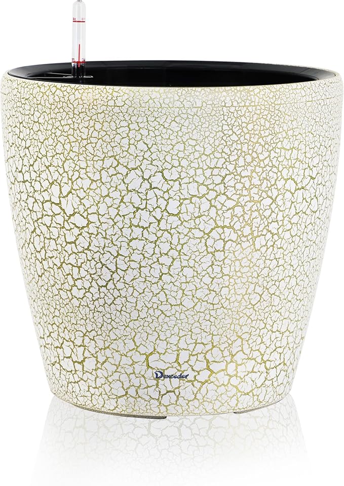 Dexceder 15x14 Self Watering Planter with Wheels (White Gold Crackle) | Inner Pot Design, Thickened Large Floor Standing Flower Plant Pot with Water Level Indicator Indoor Outdoor