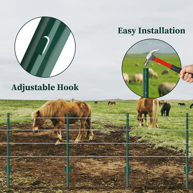 10 Pack Metal Garden Fence Posts 3 FT Green – Heavy Duty U-Post for Wire Fencing, No-Dig Fence Stakes for Temporary Fencing, Corner Anchor Posts, Rustproof Powder-Coated Steel for Farm, Yard & Garden