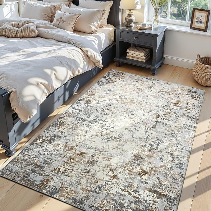 Toneed 4x6 Washable Area Rugs for Bedroom Living Room, Brown Grey Gold | Abstract Non Slip Soft Modern Low Pile Rug for Kitchen Hallway Office,Indoor Carpet for Kids Nursery Home Decor