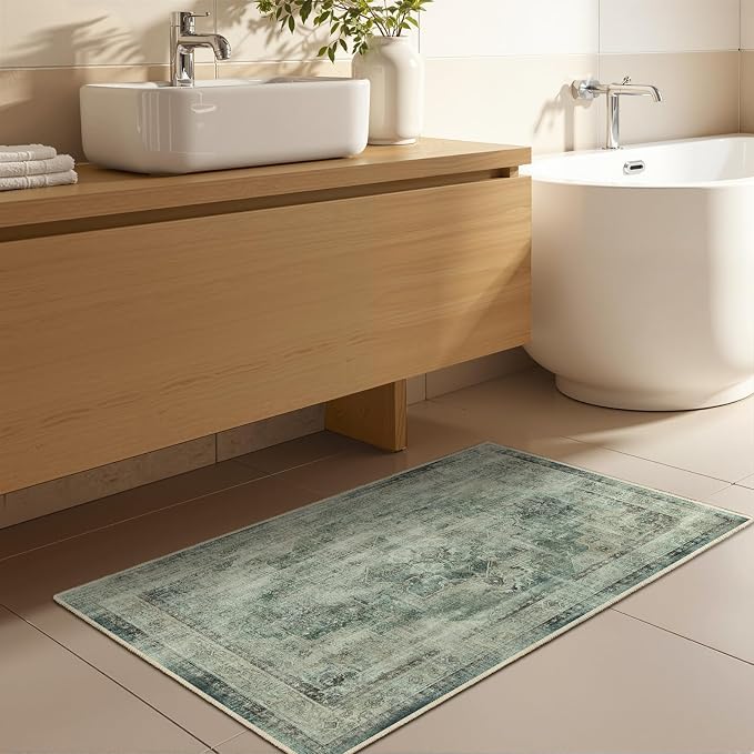 Muted Green 2x3 Entryway Rug, Low Pile Ultra Thin Washable Kitchen Rugs Non Slip, Vintage Distressed Medallion Transitional Small Rug for Bathroom, Farmhouse Inside Door Mats for Entrance Foyer