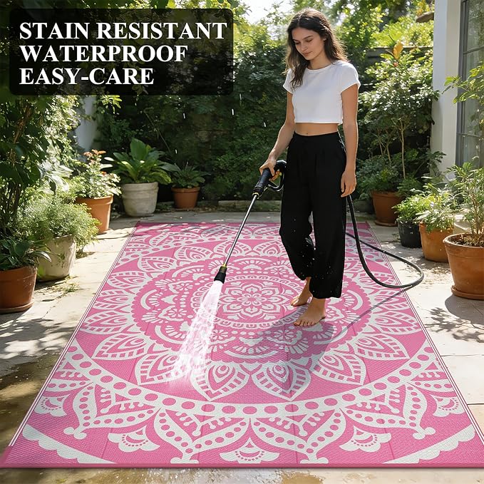 Bsmathom Waterproof Outdoor Rug 6'x9' Reversible Boho Plastic Straw Patio Deck Camping Rugs, Indoor Outdoor Portable RV Mat Clearance Carpet for Outside, Porch, Balcony, Backyard, Beach, Pool,Pink