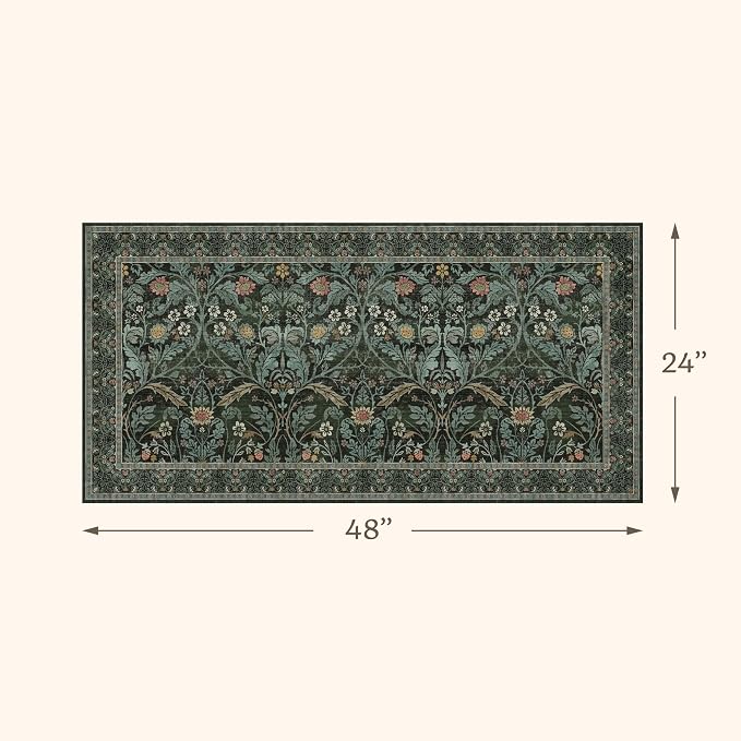 Floral Rug for Entryway Indoor 2x4, Small Soft Washable Carpet for Bedroom Beside Bed, Non Slip Kitchen Area Rugs, Mudroom Decor, Low Pile & Waterproof (Dark Green)