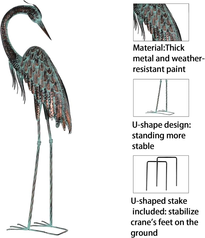 Kircust Garden Crane Statues, Standing Metal Patina Heron Decoy Weather-Resistant and Rustless Outdoor Statue, 42-46 Inch Bird Yard Art for Patio Lawn Pond, Set of 2