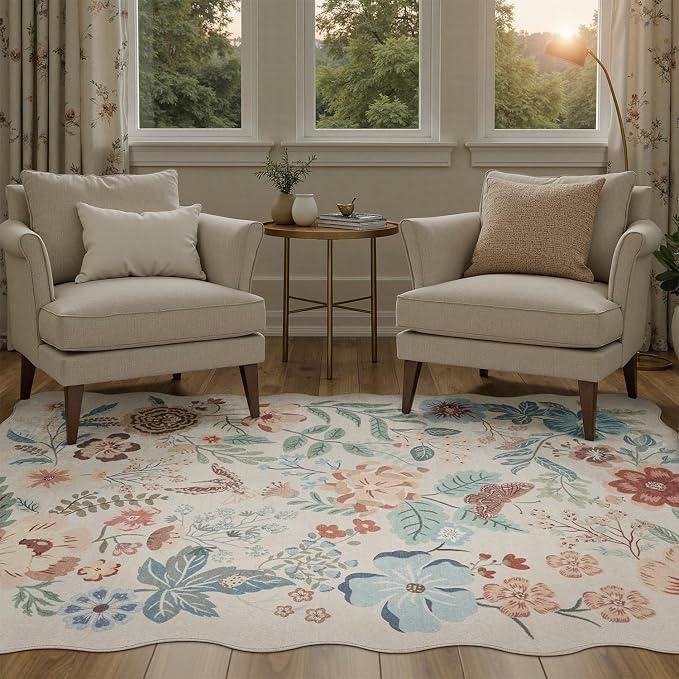 DCX Vintage Floral Washable Area Rug 8x10, Non Slip Low Pile Rug, Beige | Rugs for bedroom, living room, dining room, office, soft, kid & pet friendly, sain resistant indoor carpet, home decor